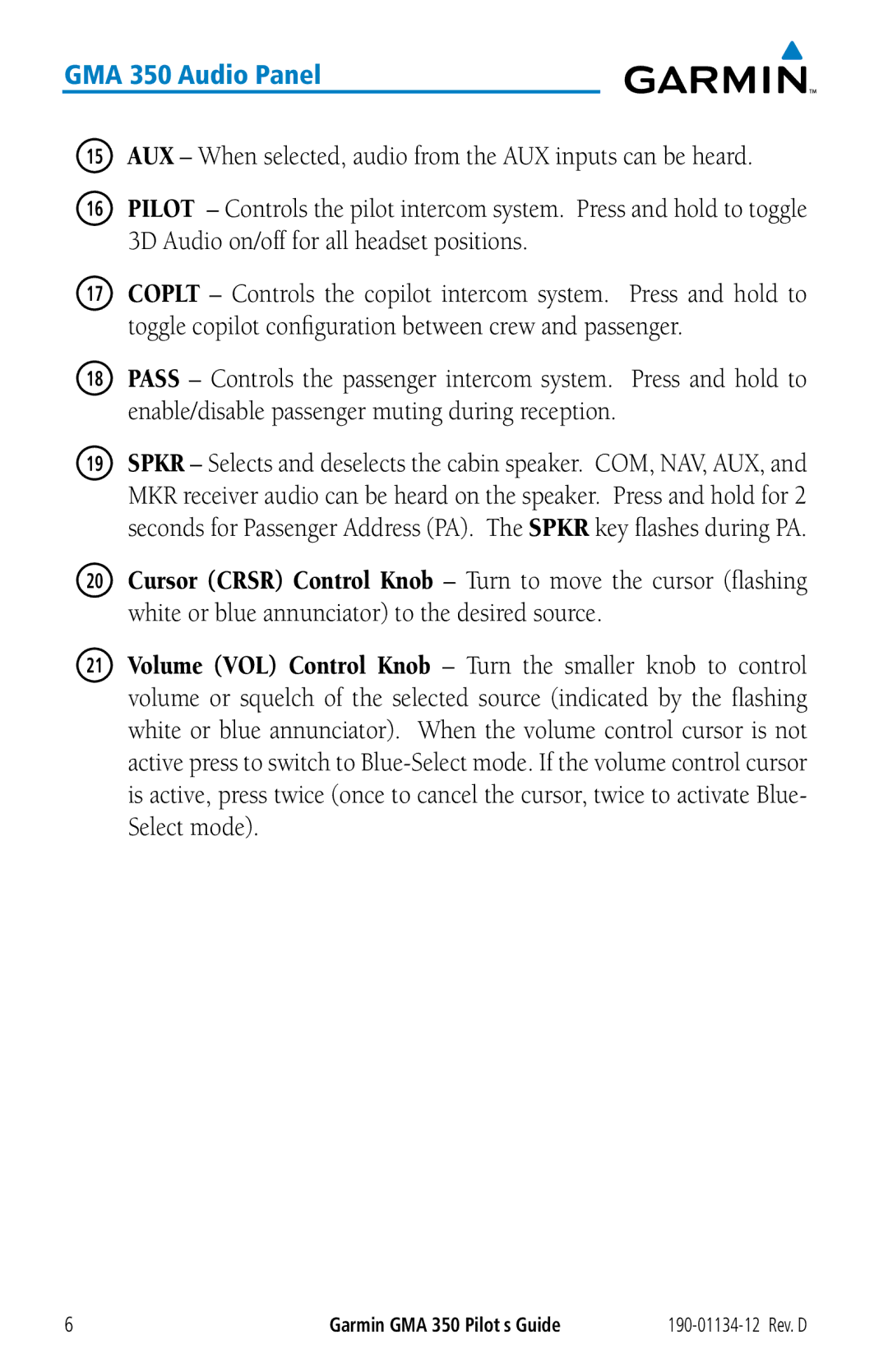 Garmin manual GMA 350 Audio Panel 