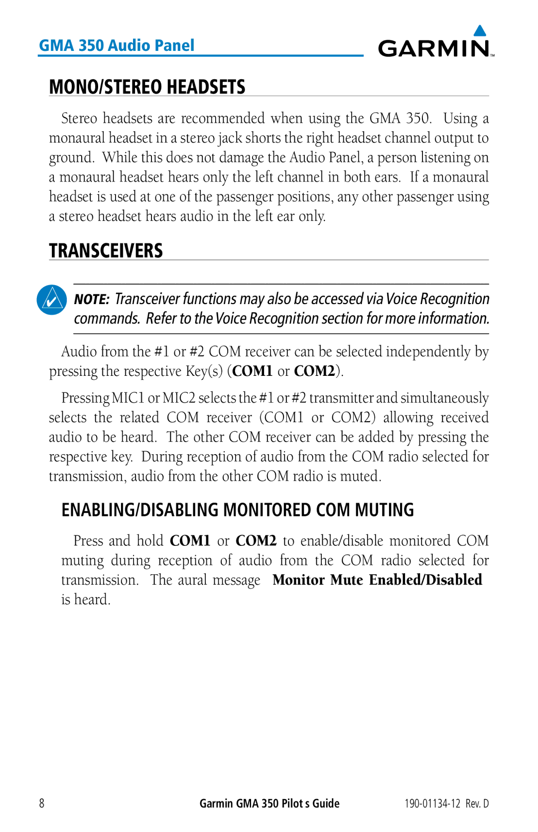 Garmin GMA 350 manual MONO/STEREO Headsets, Transceivers, ENABLING/DISABLING Monitored COM Muting 