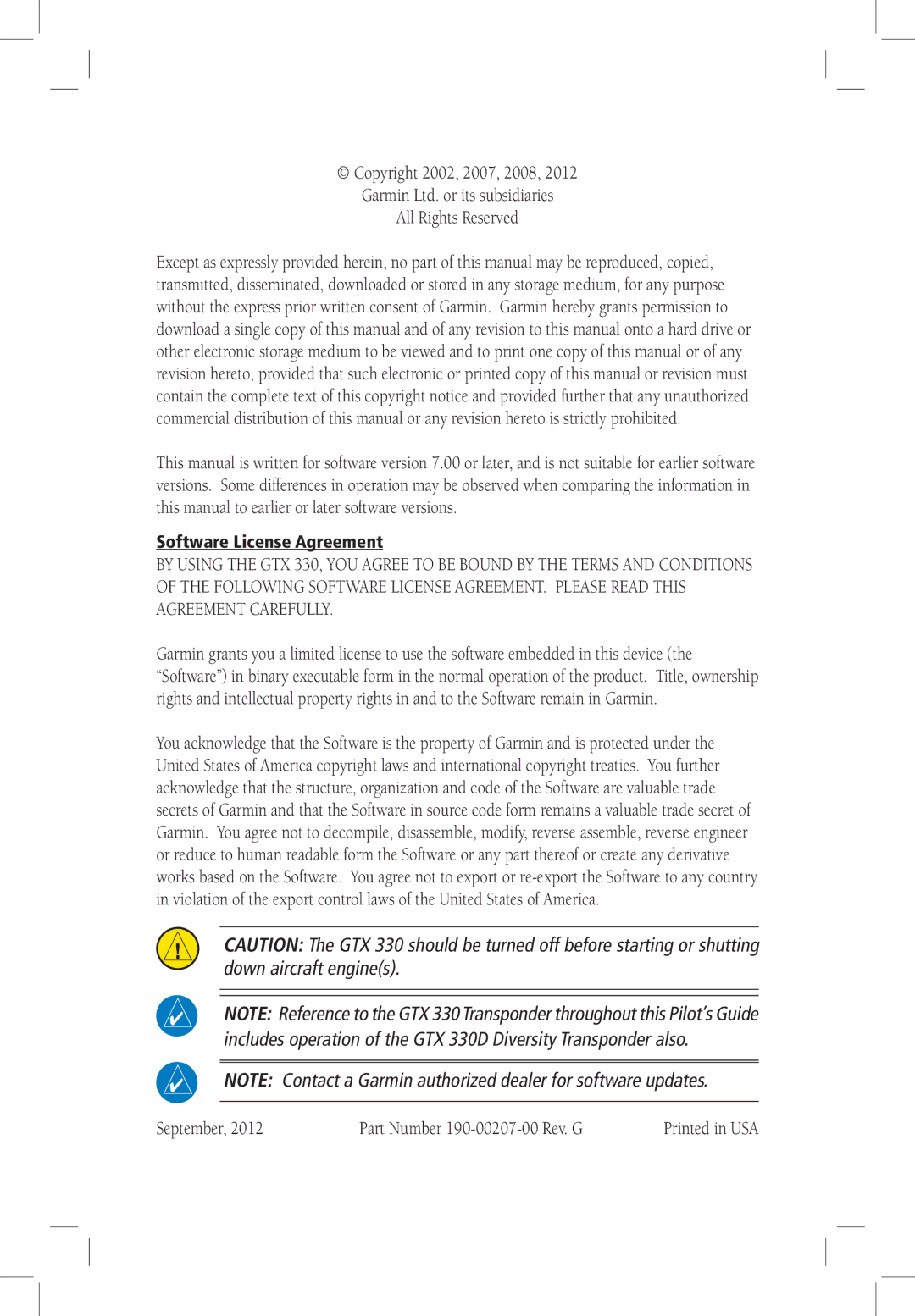 Garmin GTX 330 manual Copyright 2002, 2007, 2008 All Rights Reserved, Software License Agreement 