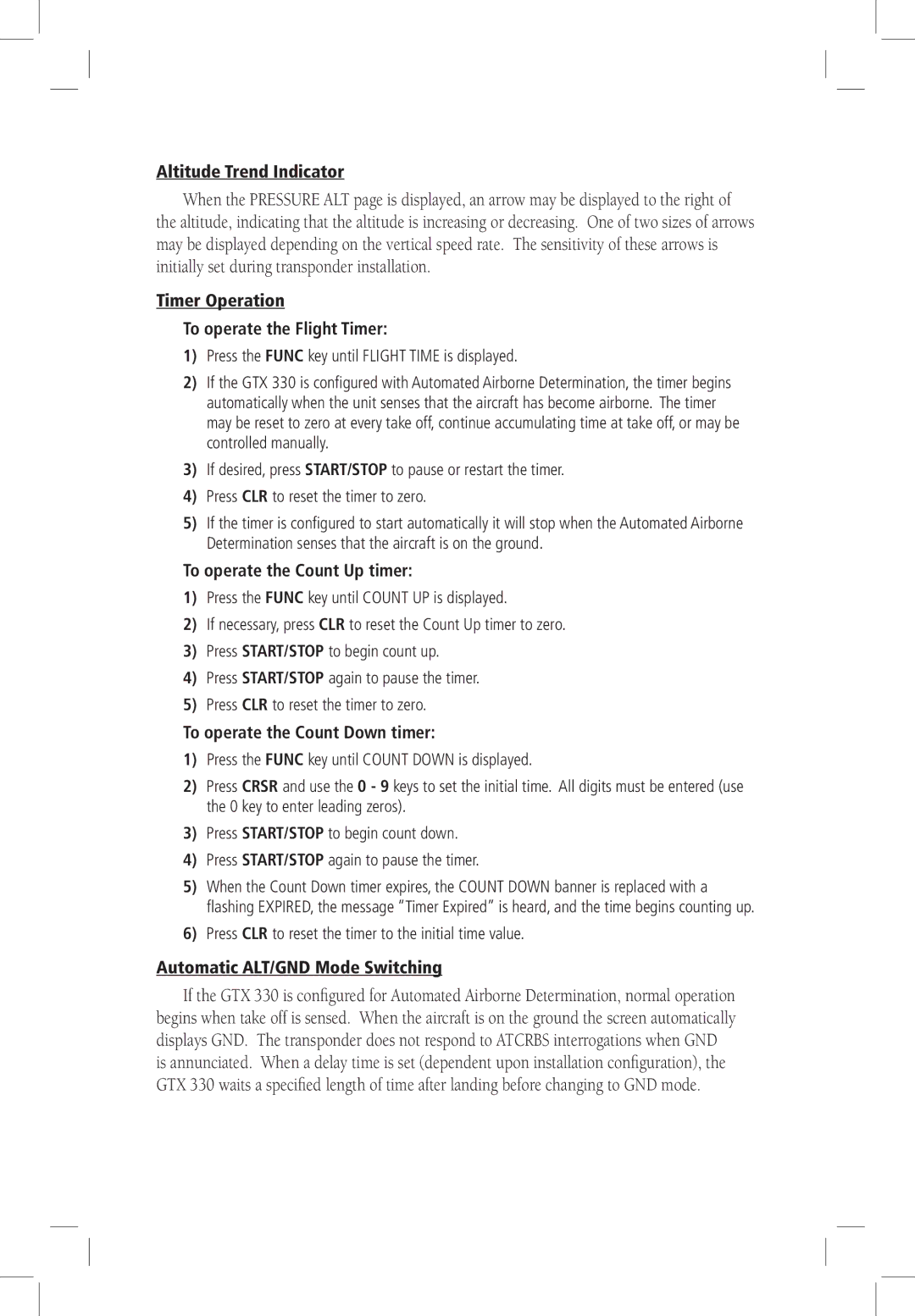 Garmin GTX 330 manual Altitude Trend Indicator, Timer Operation To operate the Flight Timer, To operate the Count Up timer 