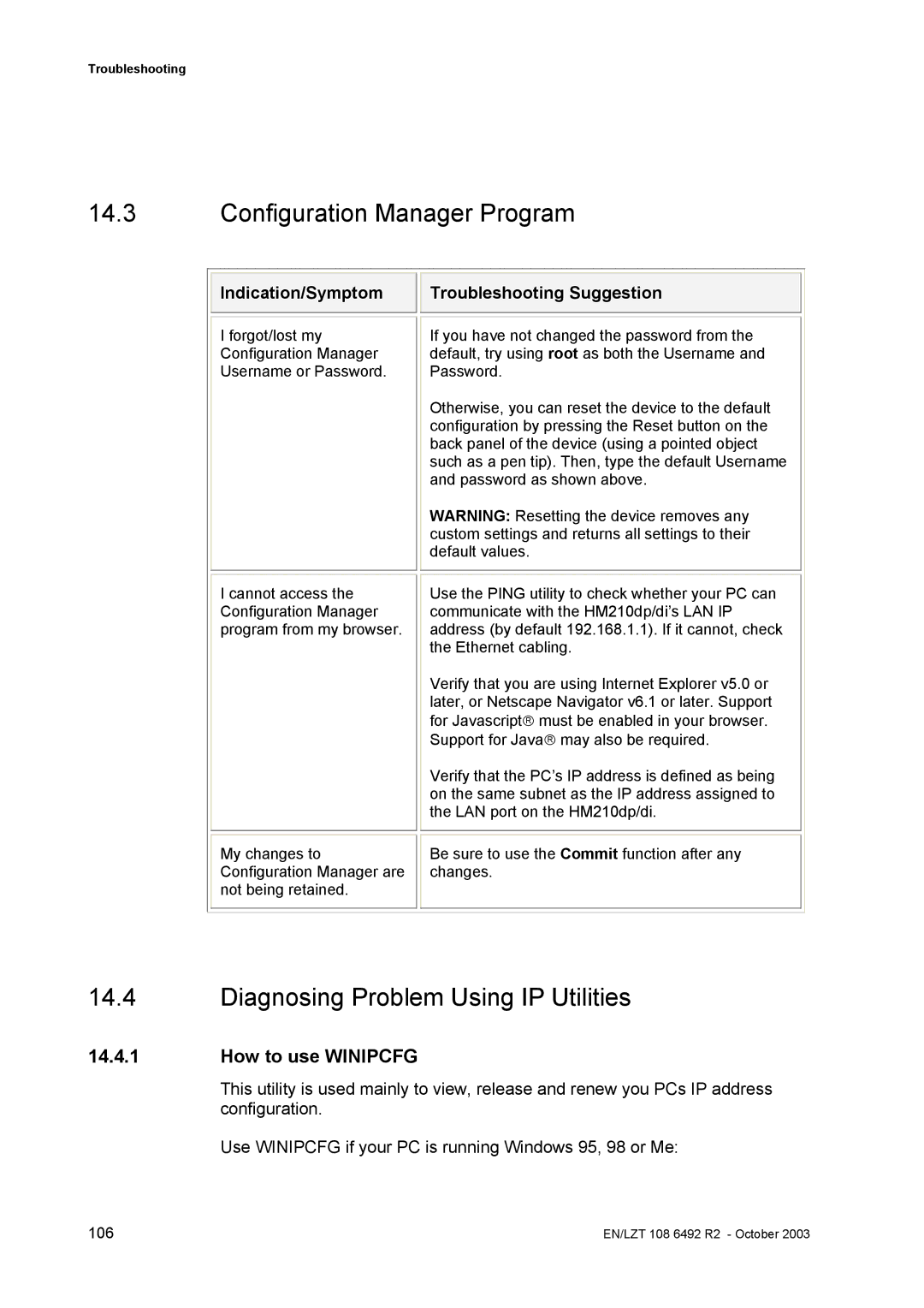 Garmin HM210DP/DI manual Configuration Manager Program, Diagnosing Problem Using IP Utilities, How to use Winipcfg 