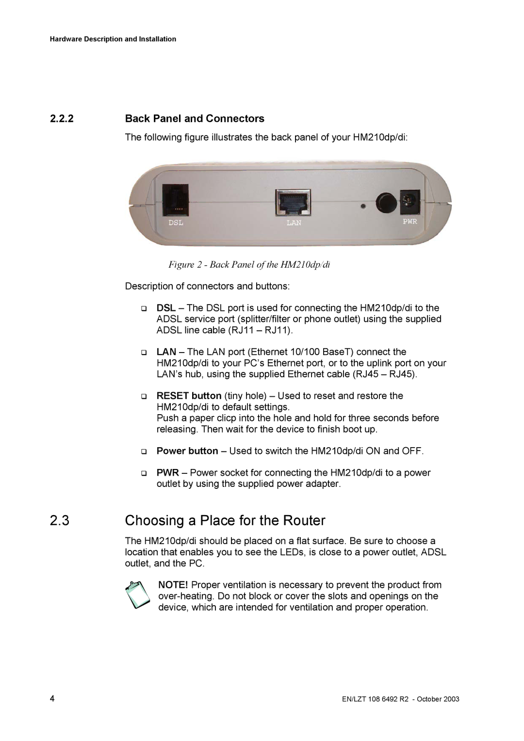 Garmin HM210DP/DI manual Choosing a Place for the Router, Back Panel and Connectors 