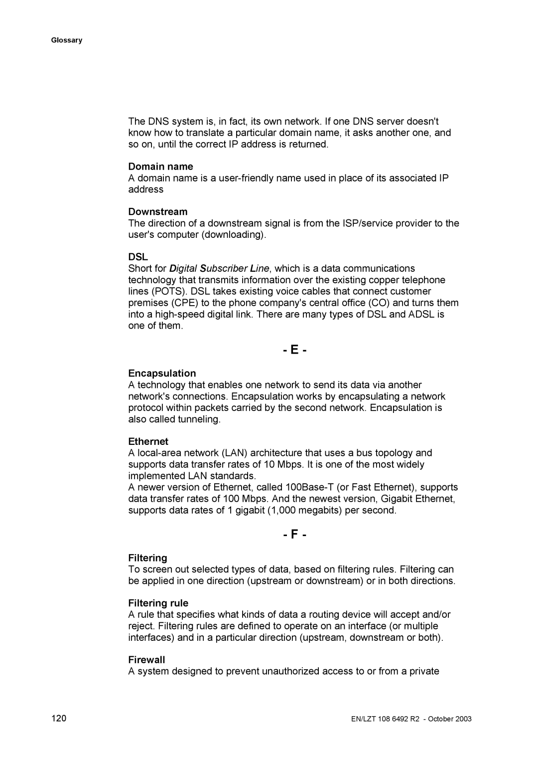 Garmin HM210DP/DI manual Domain name, Downstream, Encapsulation, Ethernet, Filtering rule, Firewall 