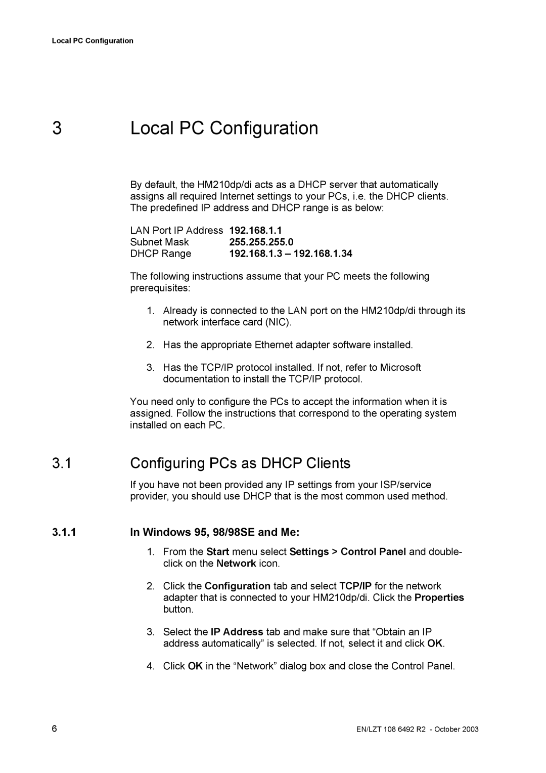 Garmin HM210DP/DI Configuring PCs as Dhcp Clients, Windows 95, 98/98SE and Me, 192.168.1.1, 255.255.255.0, 192.168.1.3 