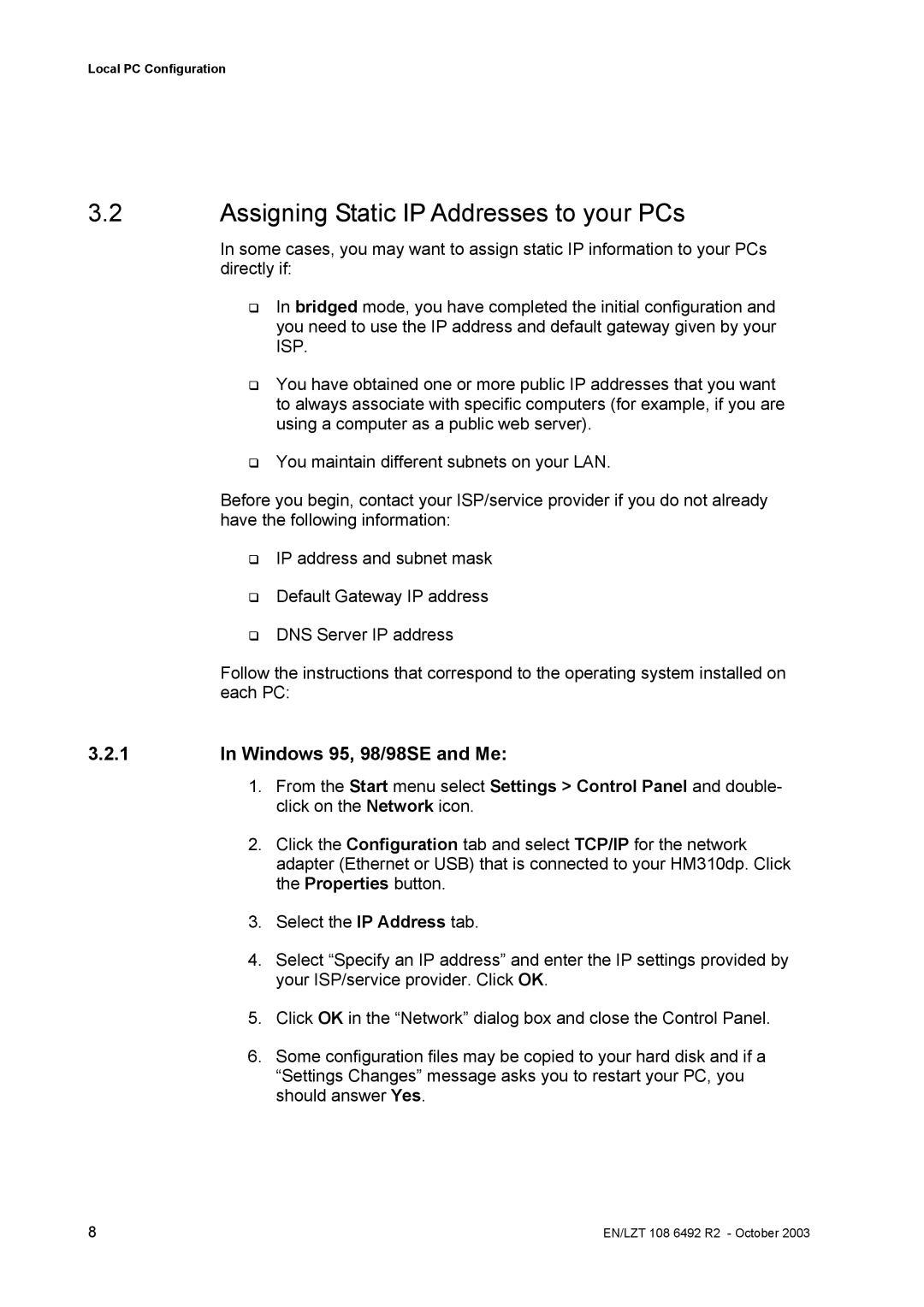 Garmin HM210DP/DI manual Assigning Static IP Addresses to your PCs 