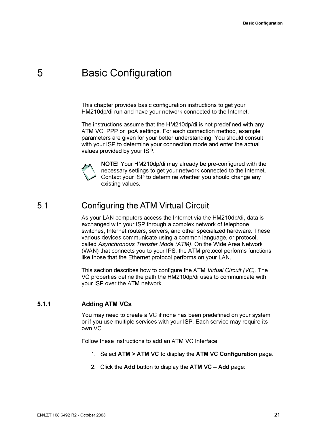 Garmin HM210DP/DI manual Configuring the ATM Virtual Circuit, Adding ATM VCs 