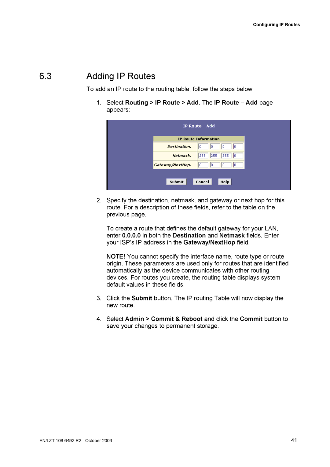 Garmin HM210DP/DI manual Adding IP Routes, Select Routing IP Route Add. The IP Route Add page appears 