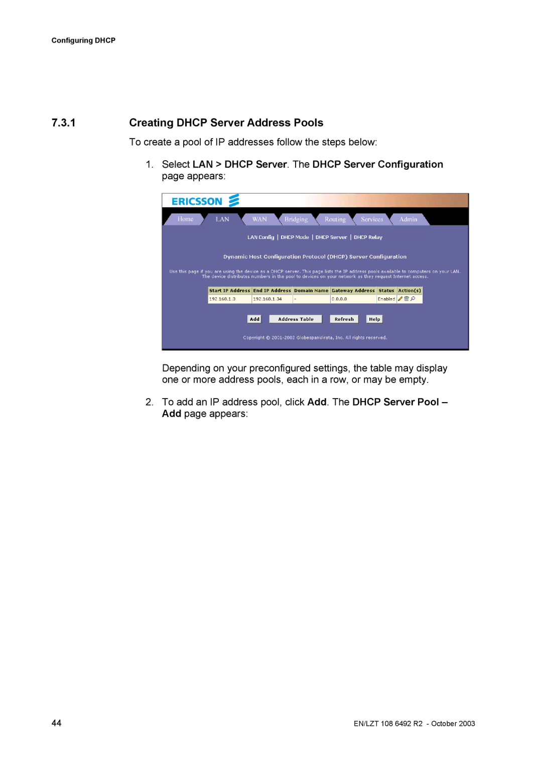 Garmin HM210DP/DI manual Creating Dhcp Server Address Pools 