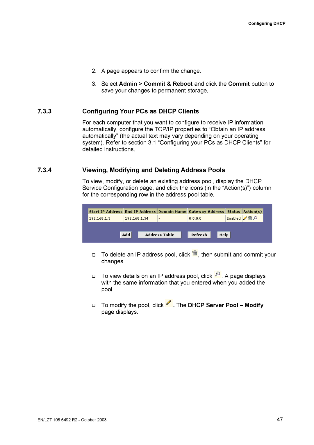 Garmin HM210DP/DI manual Configuring Your PCs as Dhcp Clients, Viewing, Modifying and Deleting Address Pools 