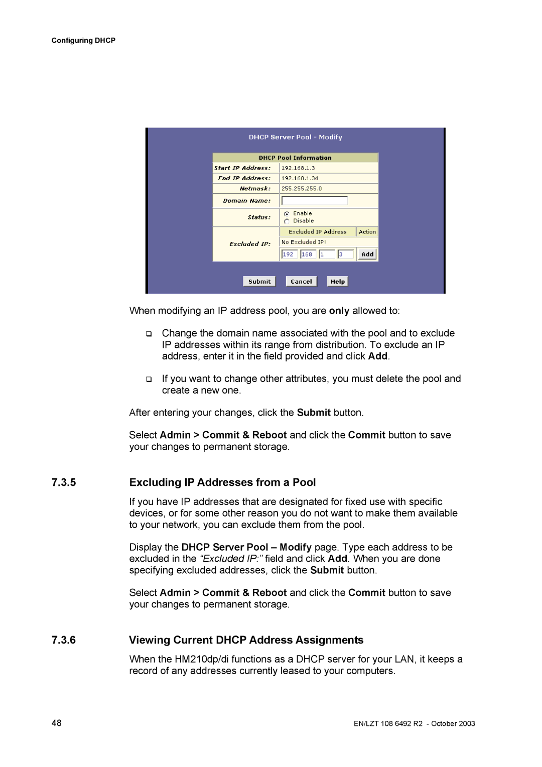 Garmin HM210DP/DI manual Excluding IP Addresses from a Pool, Viewing Current Dhcp Address Assignments 