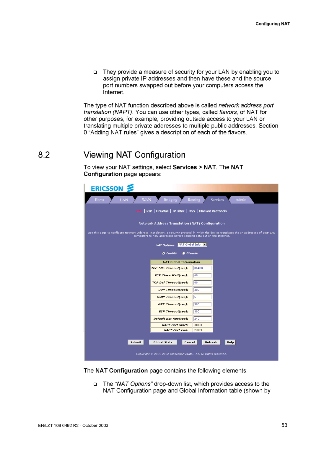 Garmin HM210DP/DI manual Viewing NAT Configuration, Configuration page appears 