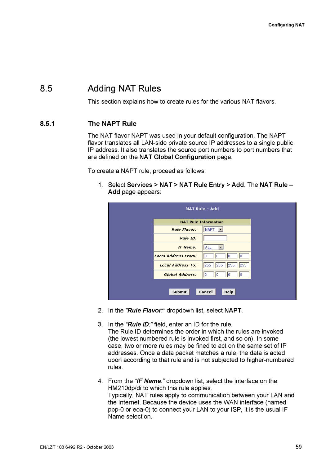 Garmin HM210DP/DI manual Adding NAT Rules, Napt Rule 