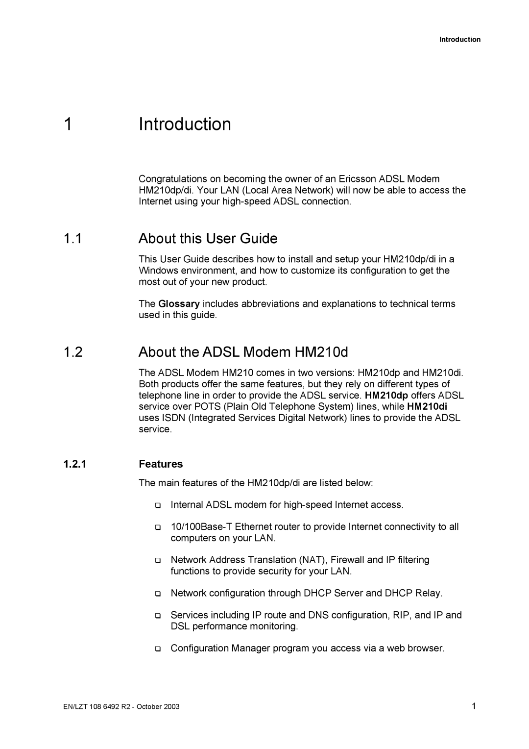 Garmin HM210DP/DI manual Introduction, About this User Guide, About the Adsl Modem HM210d, Features 