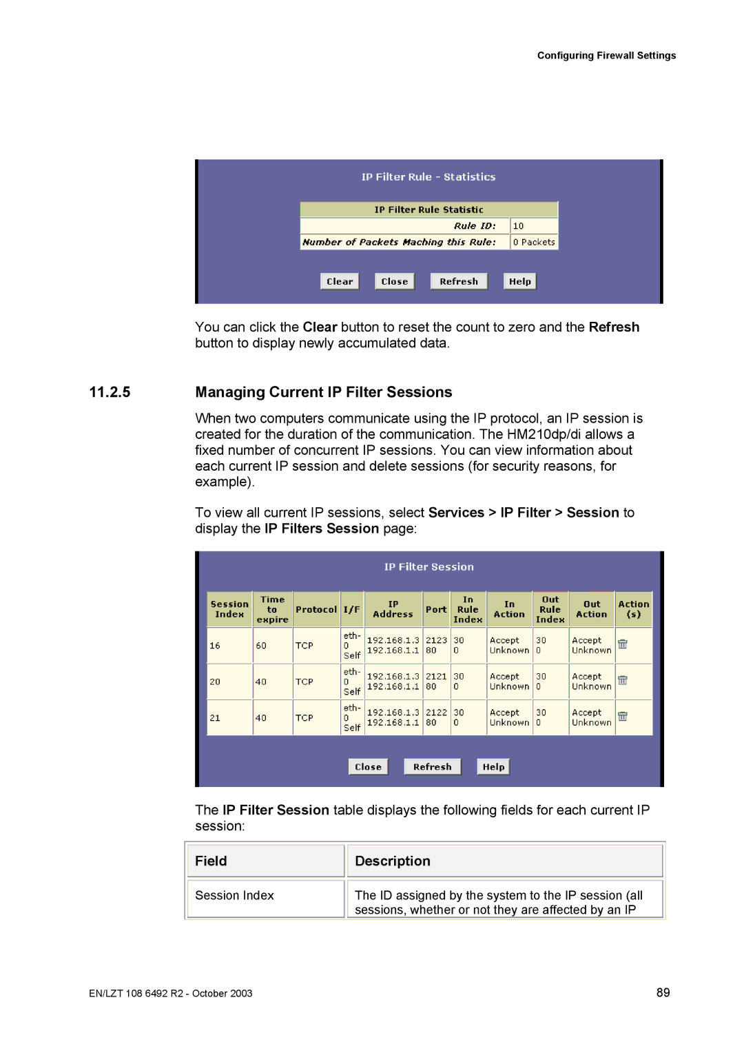 Garmin HM210DP/DI manual Managing Current IP Filter Sessions, Field 