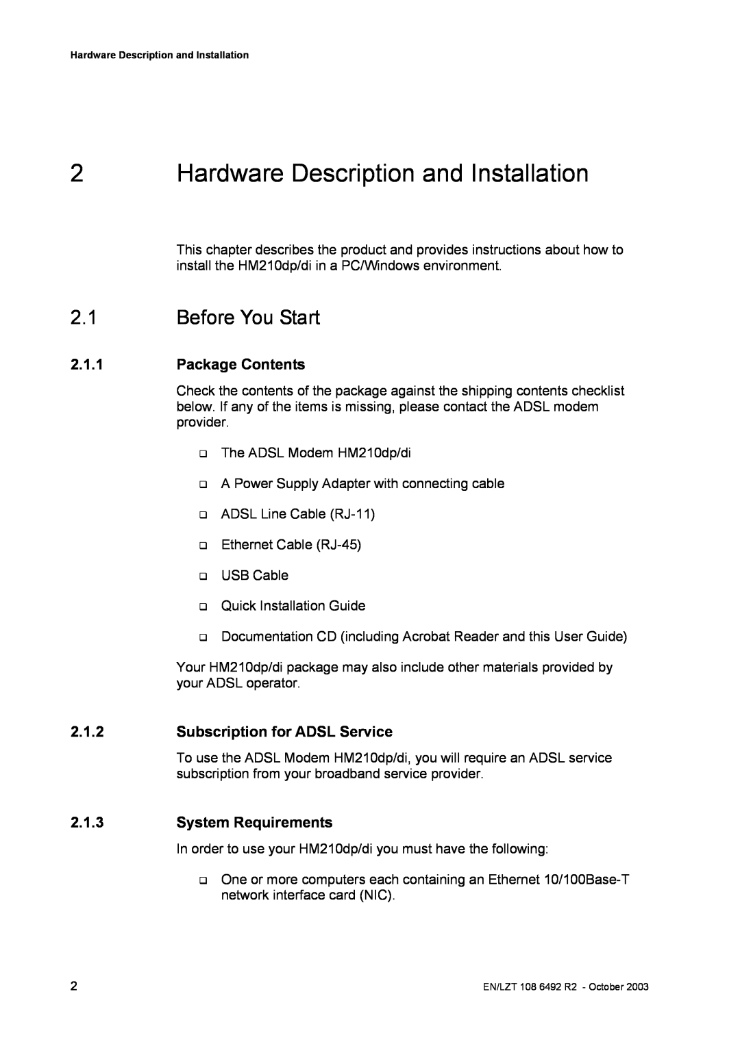 Garmin HM210DP/DI Hardware Description and Installation, Before You Start, Package Contents, Subscription for ADSL Service 