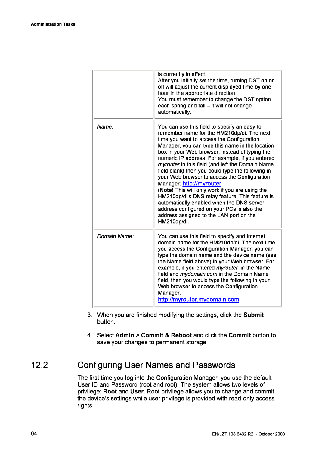 Garmin HM210DP/DI manual Configuring User Names and Passwords, Manager http//myrouter, http//myrouter.mydomain.com 