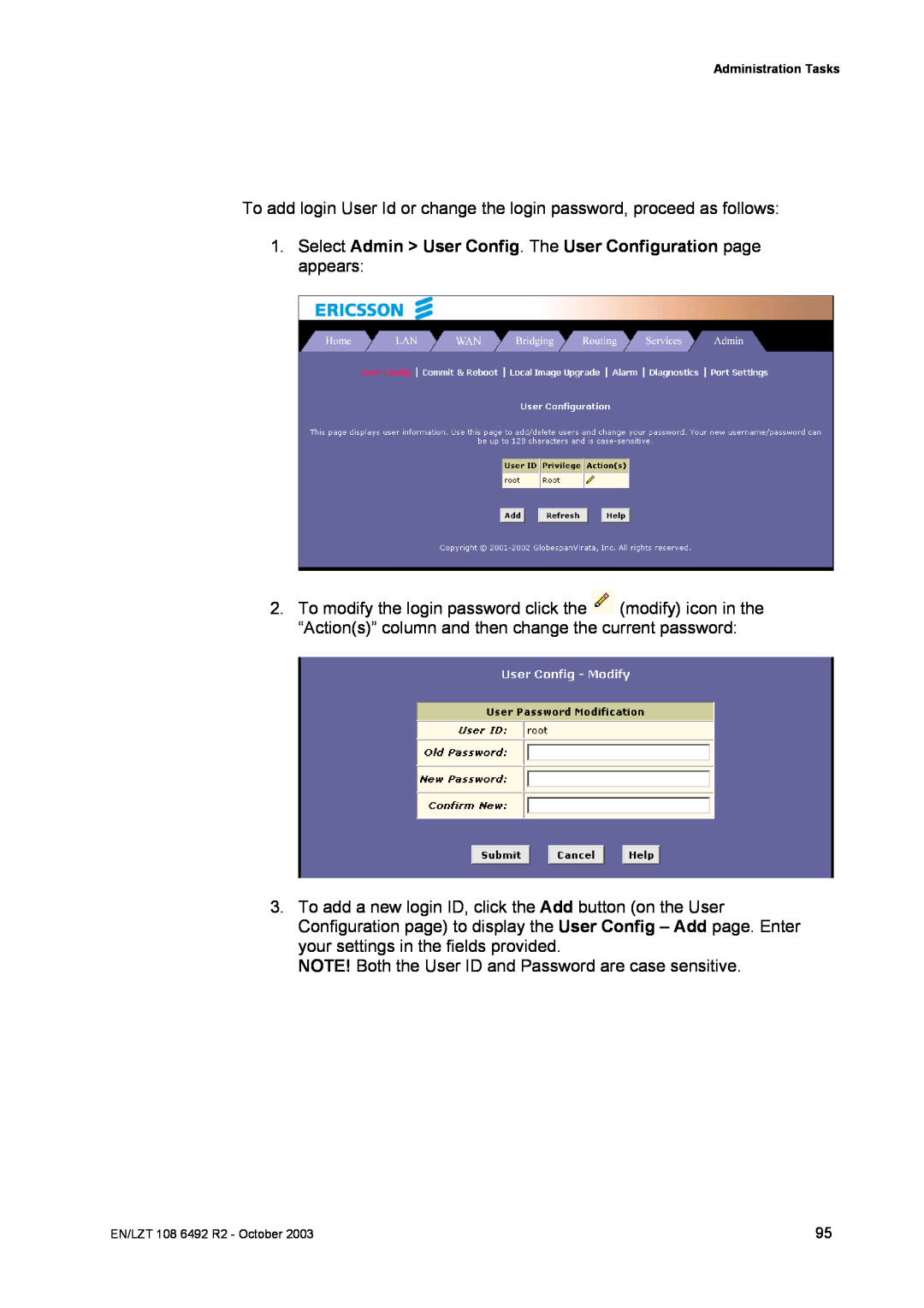 Garmin HM210DP/DI manual To add login User Id or change the login password, proceed as follows 