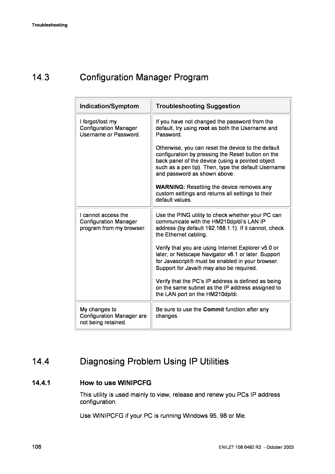 Garmin HM210DP/DI manual Configuration Manager Program, Diagnosing Problem Using IP Utilities, How to use WINIPCFG 