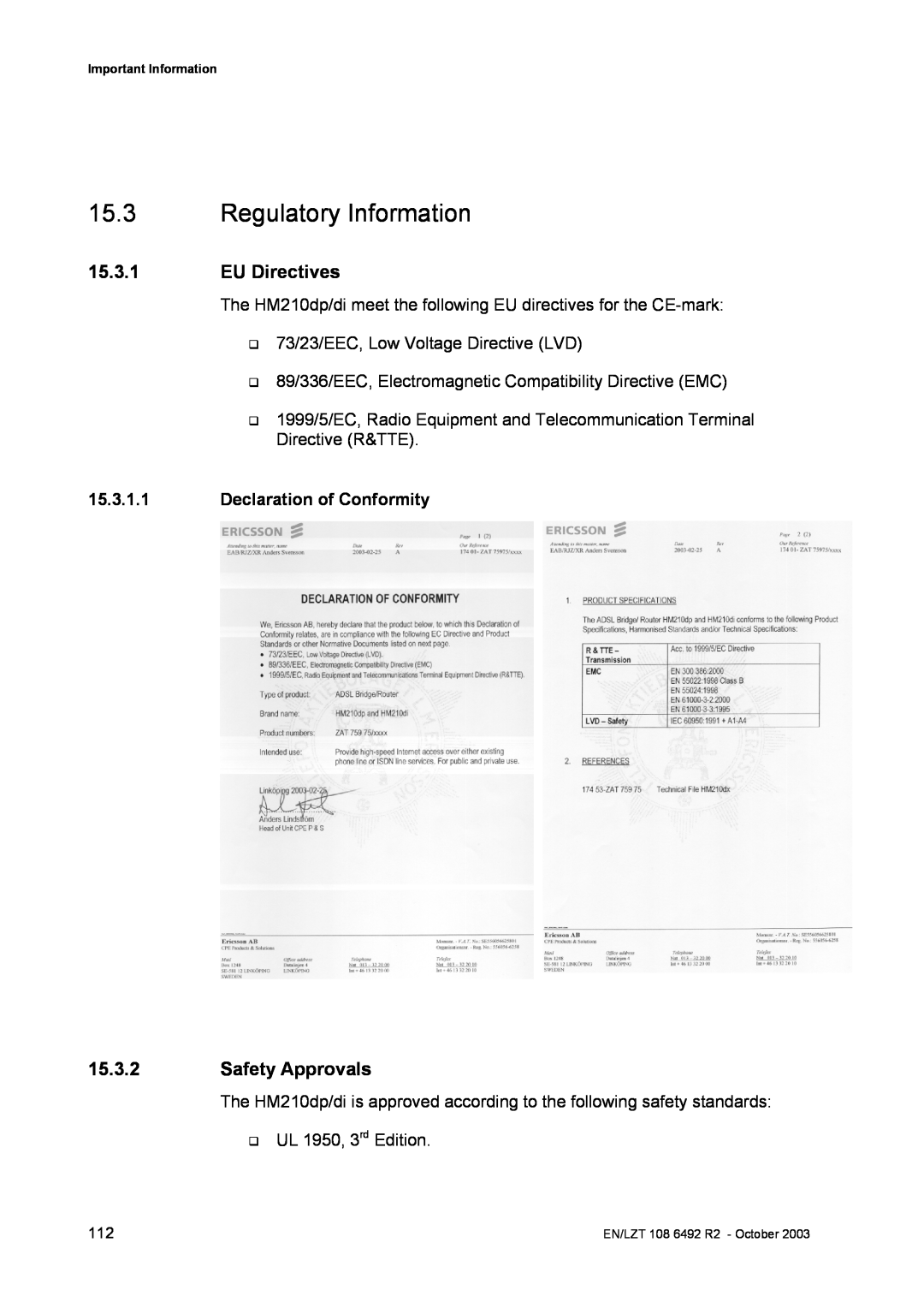 Garmin HM210DP/DI manual Regulatory Information, EU Directives, Safety Approvals, Declaration of Conformity 