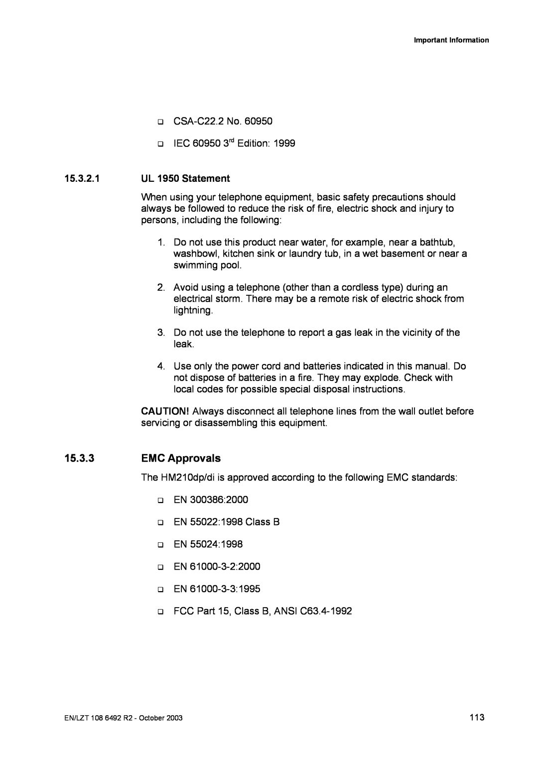 Garmin HM210DP/DI manual EMC Approvals, 15.3.2.1 UL 1950 Statement 