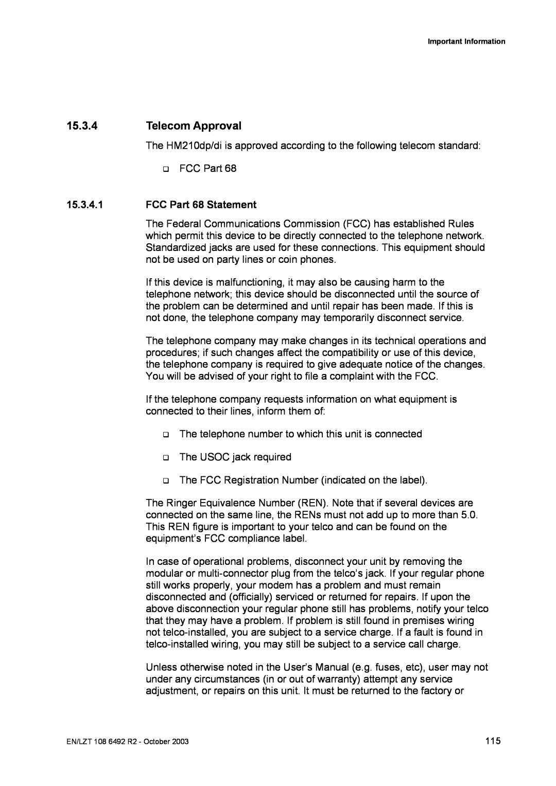 Garmin HM210DP/DI manual Telecom Approval, FCC Part 68 Statement 