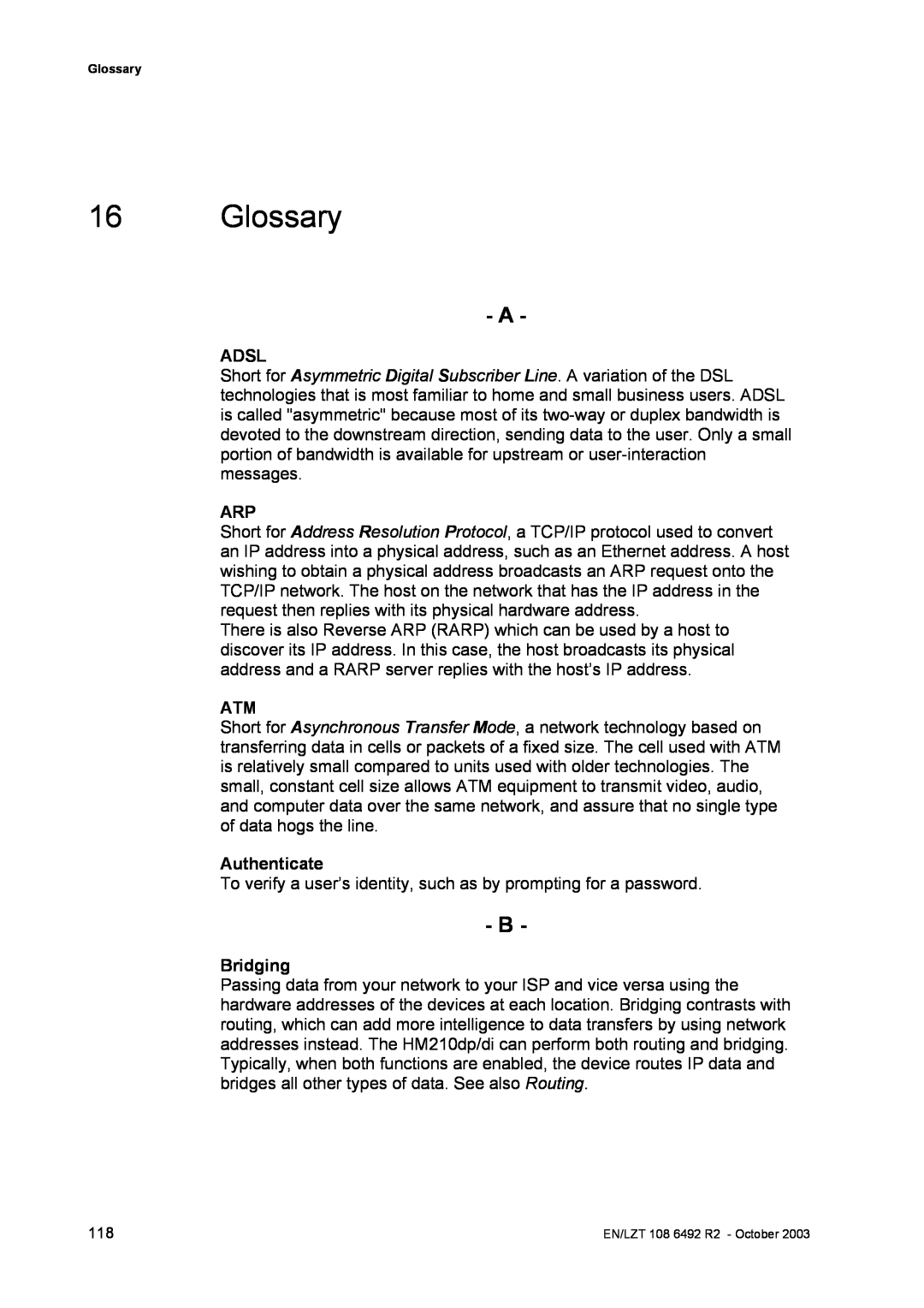 Garmin HM210DP/DI manual Glossary, Adsl, Authenticate, Bridging 