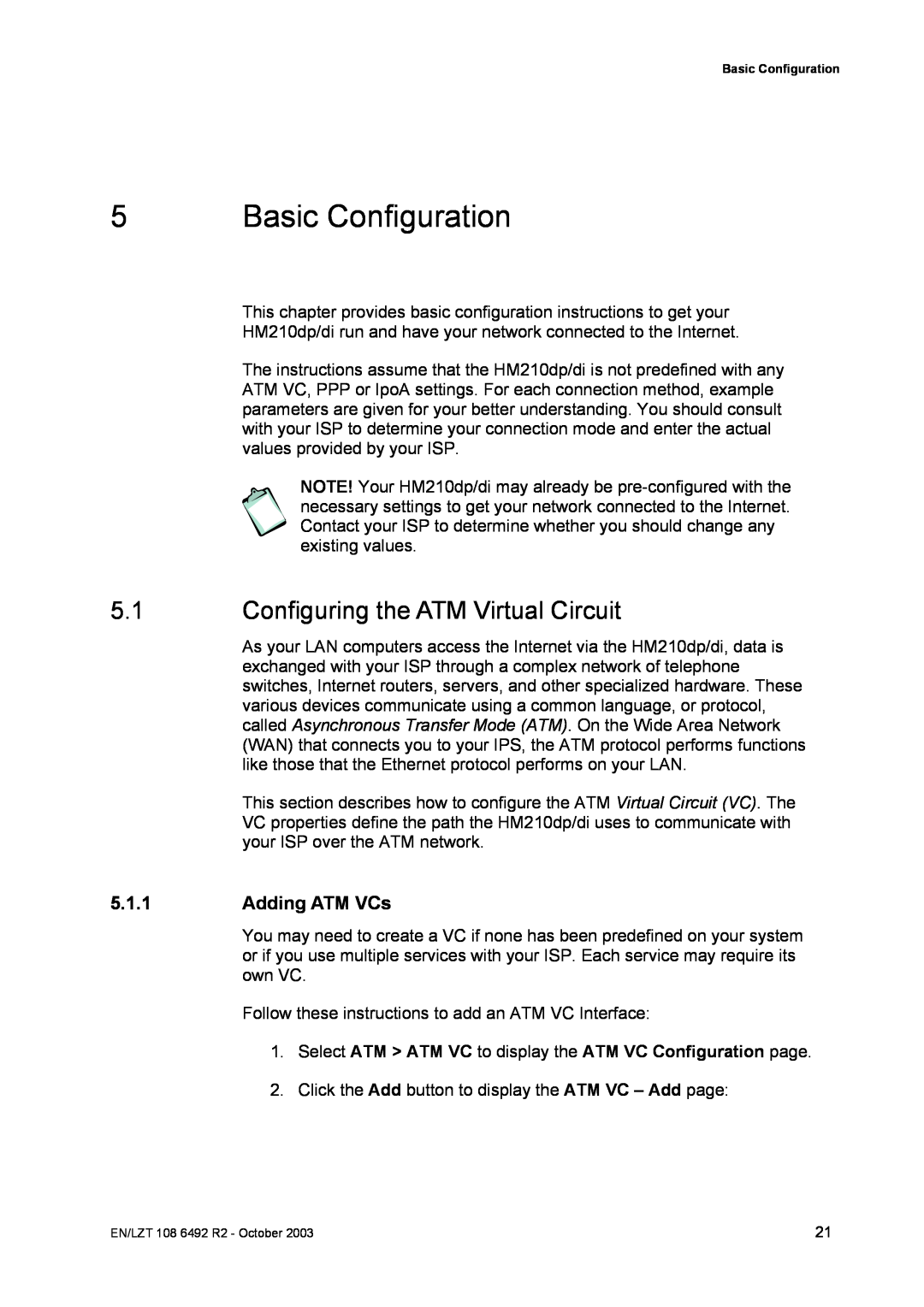 Garmin HM210DP/DI manual Basic Configuration, Configuring the ATM Virtual Circuit, Adding ATM VCs 