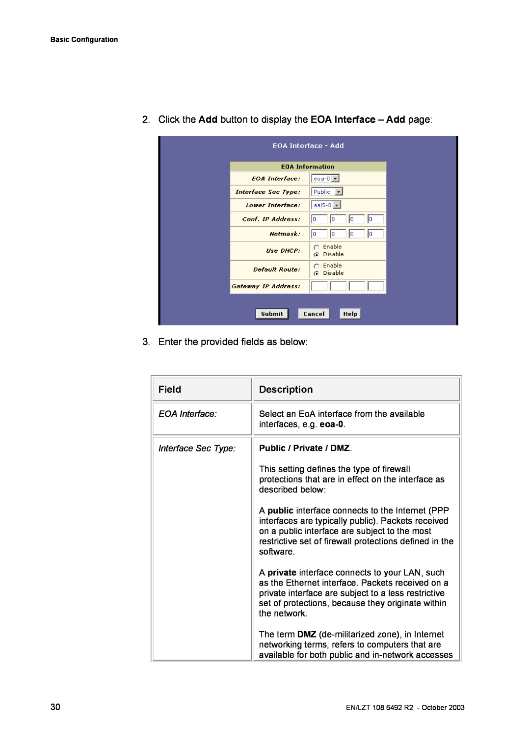 Garmin HM210DP/DI Field, Description, EOA Interface, Select an EoA interface from the available, interfaces, e.g. eoa-0 