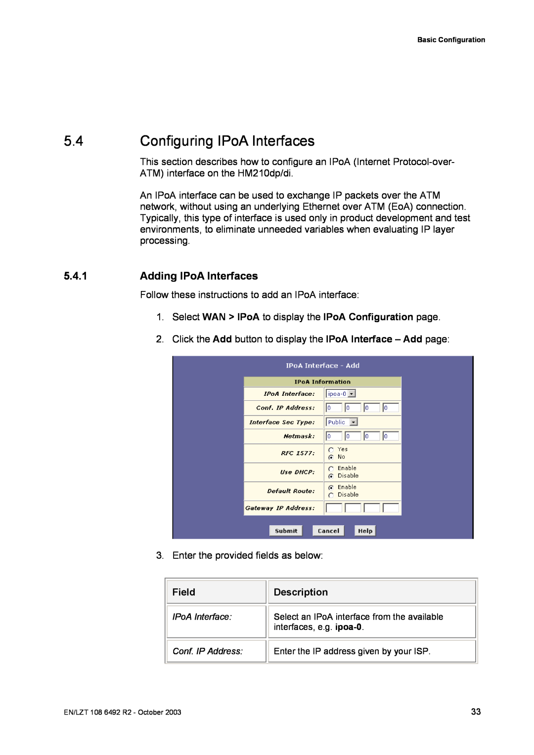 Garmin HM210DP/DI manual Configuring IPoA Interfaces, Adding IPoA Interfaces, Field, Description 