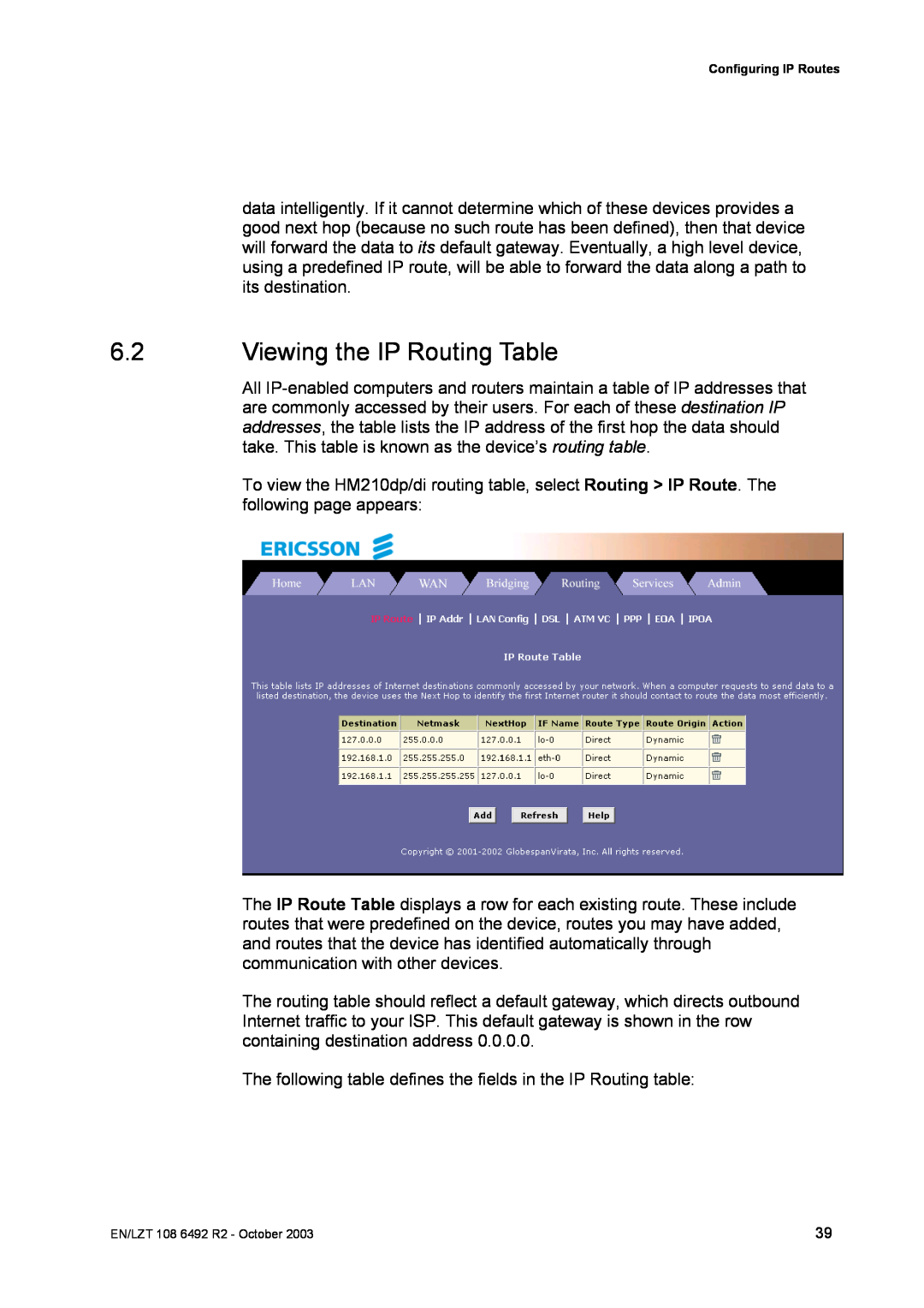 Garmin HM210DP/DI manual Viewing the IP Routing Table 