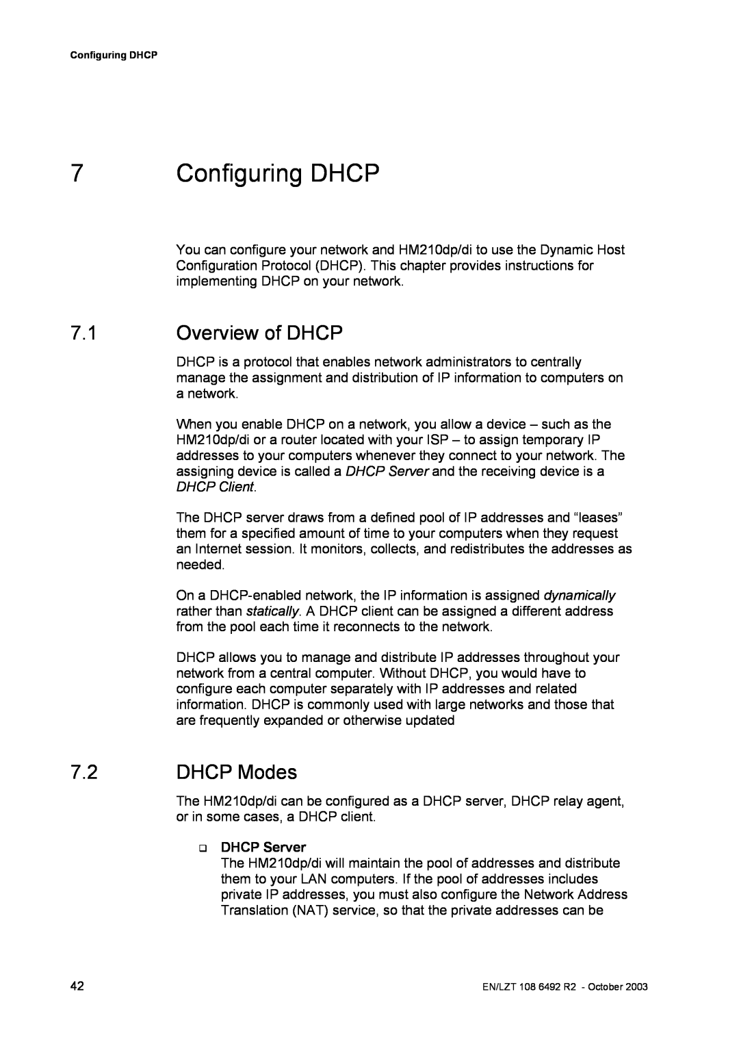 Garmin HM210DP/DI manual Configuring DHCP, Overview of DHCP, DHCP Modes, DHCP Server 