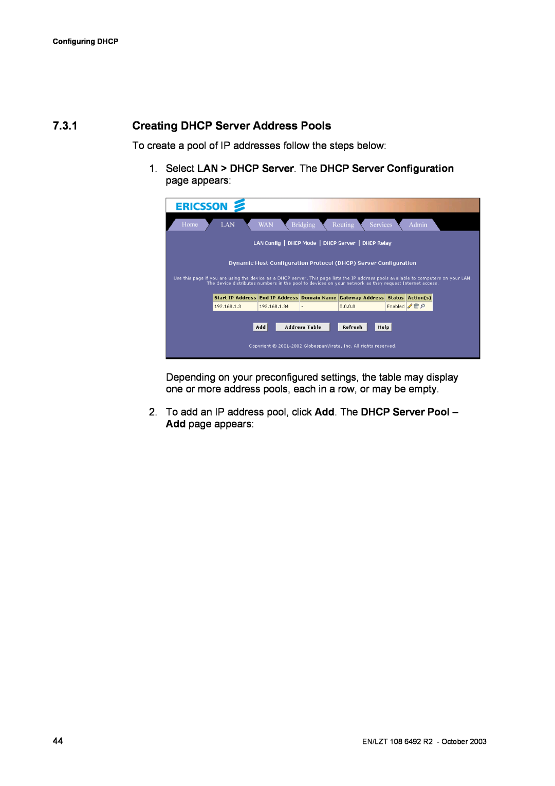 Garmin HM210DP/DI manual Creating DHCP Server Address Pools 
