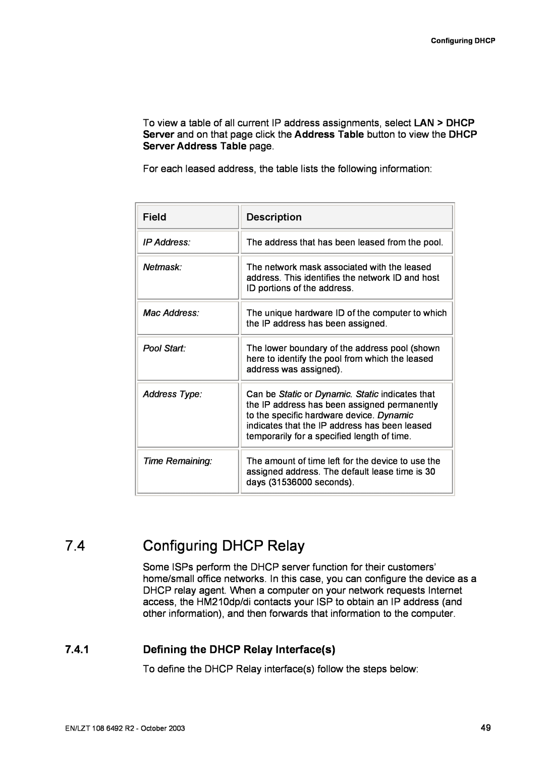 Garmin HM210DP/DI manual Configuring DHCP Relay, Defining the DHCP Relay Interfaces, Field, Description 