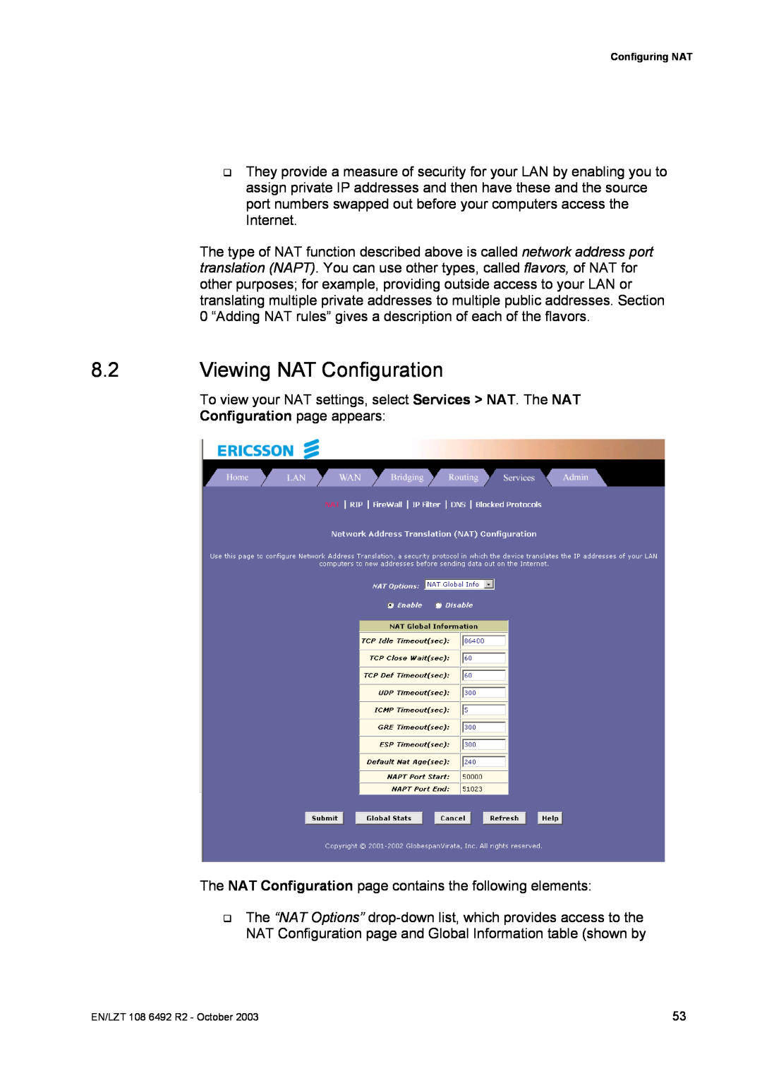 Garmin HM210DP/DI manual Viewing NAT Configuration, Configuration page appears 