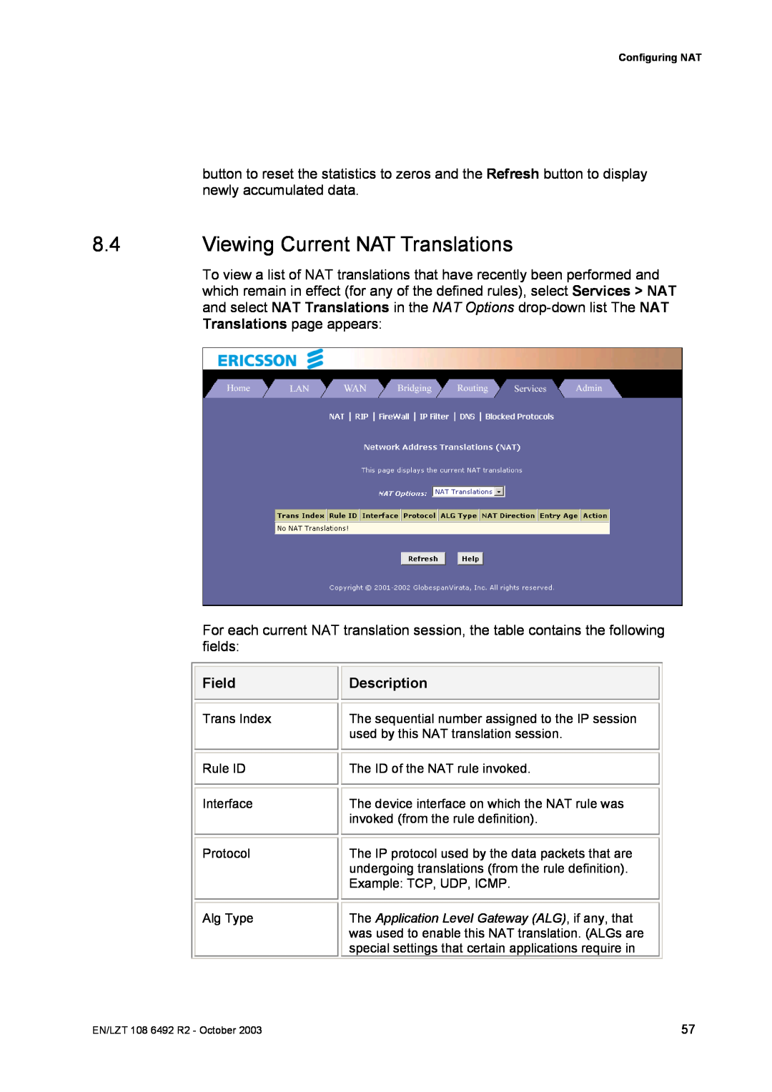 Garmin HM210DP/DI manual Viewing Current NAT Translations, Field, Description 