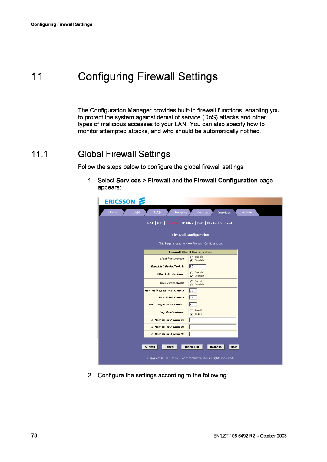 Garmin HM210DP/DI manual Configuring Firewall Settings, Global Firewall Settings 
