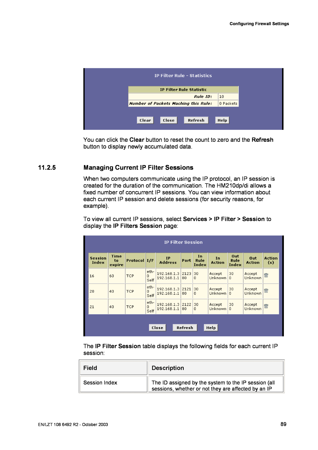 Garmin HM210DP/DI manual Managing Current IP Filter Sessions, Field, Description, Session Index 