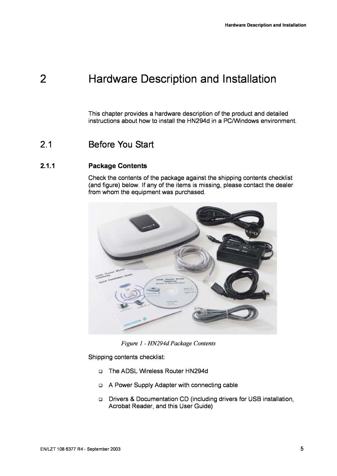 Garmin HN294DP/DI manual Hardware Description and Installation, Before You Start, HN294d Package Contents 
