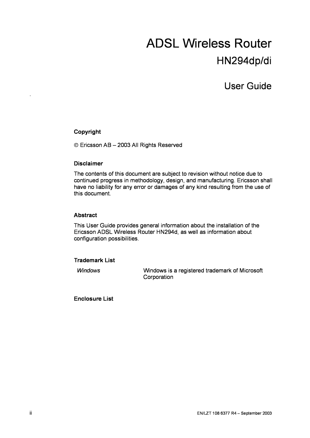 Garmin HN294DP/DI ADSL Wireless Router, HN294dp/di, User Guide, Copyright, Disclaimer, Abstract, Trademark List, Windows 