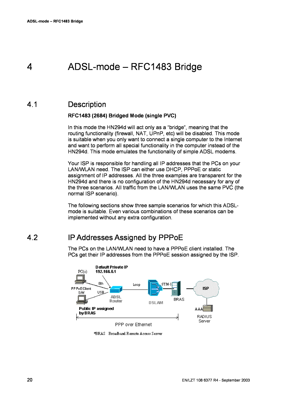 Garmin HN294DP/DI manual ADSL-mode - RFC1483 Bridge, Description, IP Addresses Assigned by PPPoE 