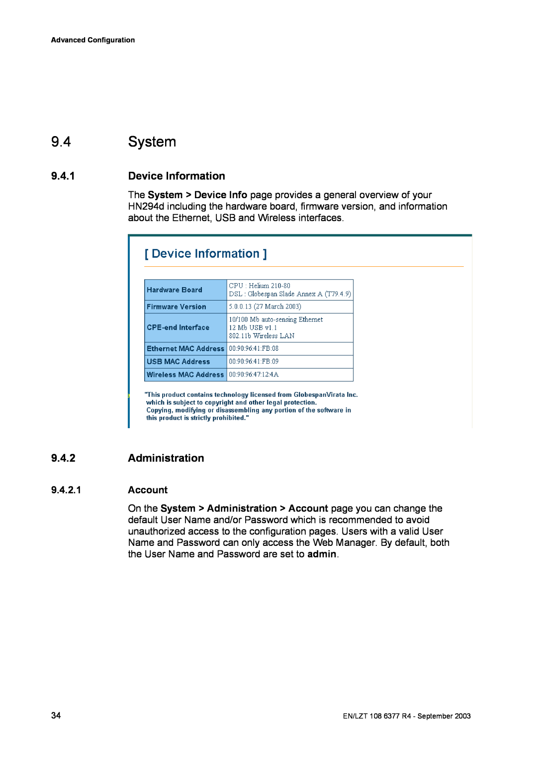 Garmin HN294DP/DI manual System, Device Information, Administration, Account 