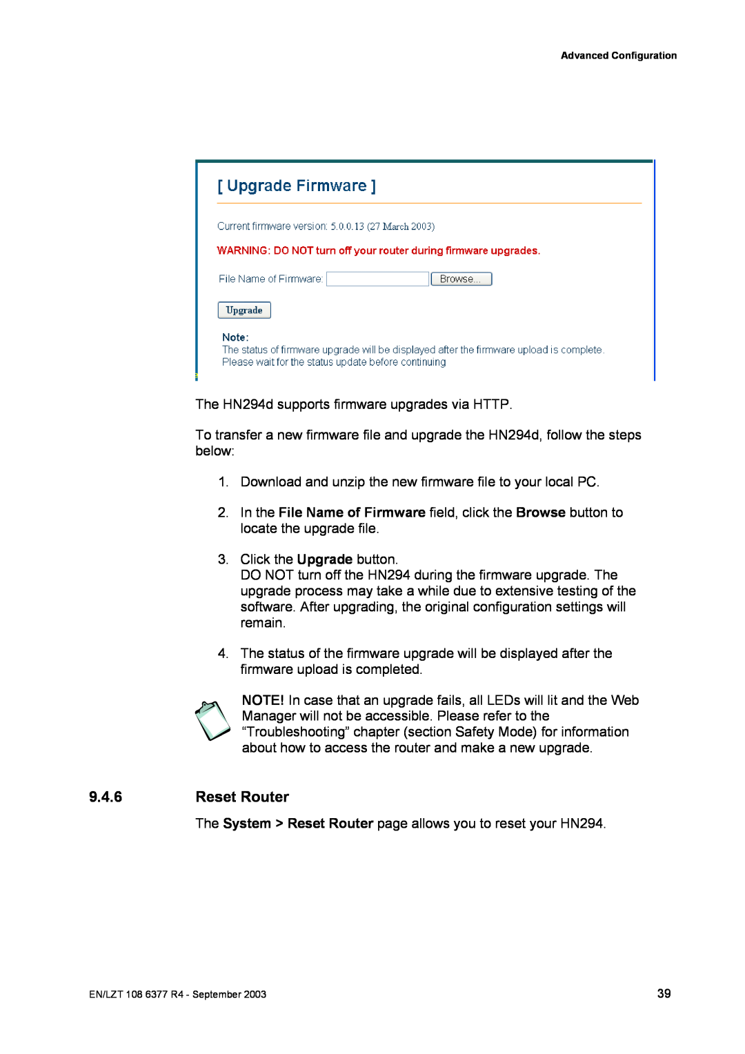 Garmin HN294DP/DI manual Reset Router 