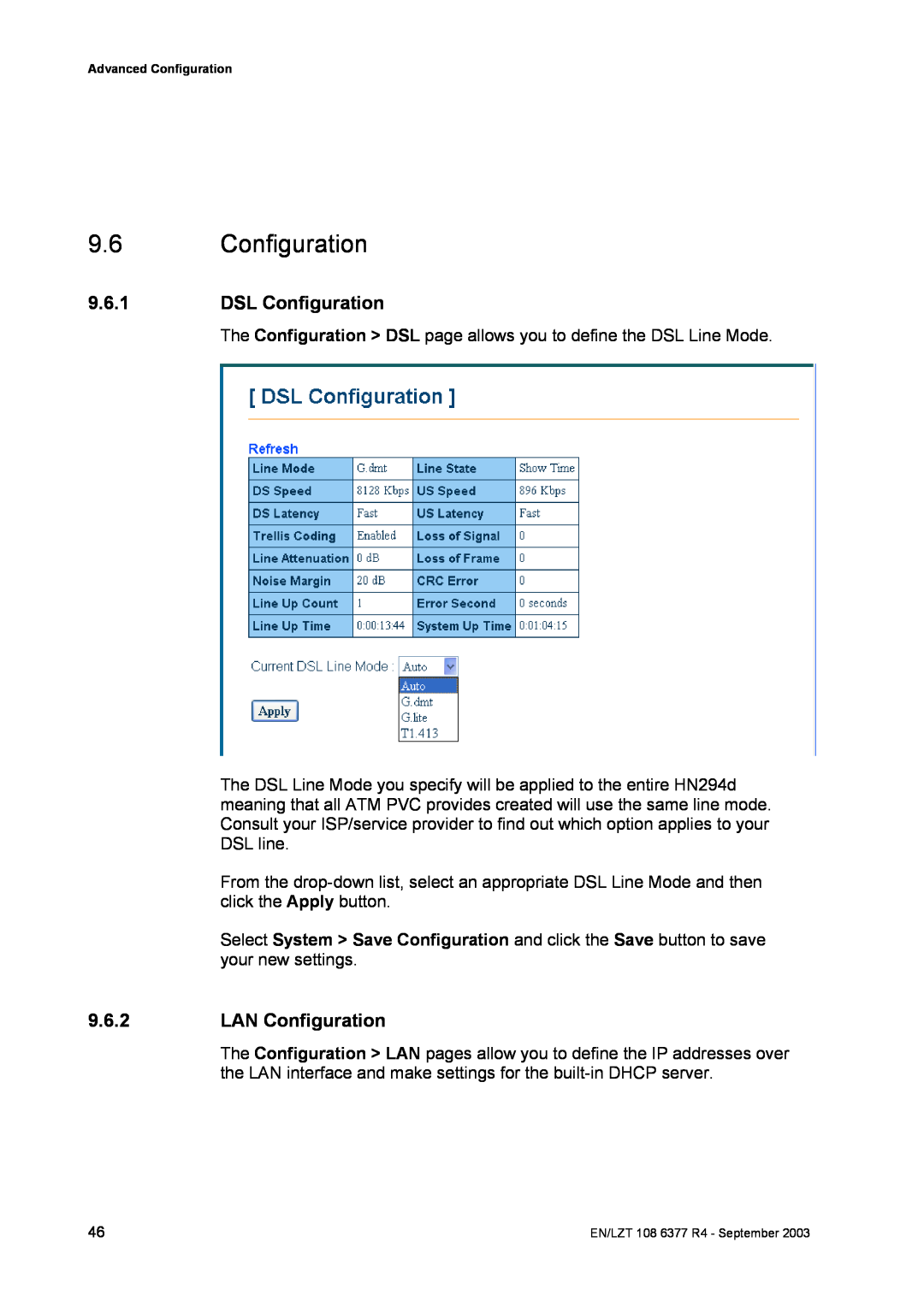 Garmin HN294DP/DI manual DSL Configuration, LAN Configuration 