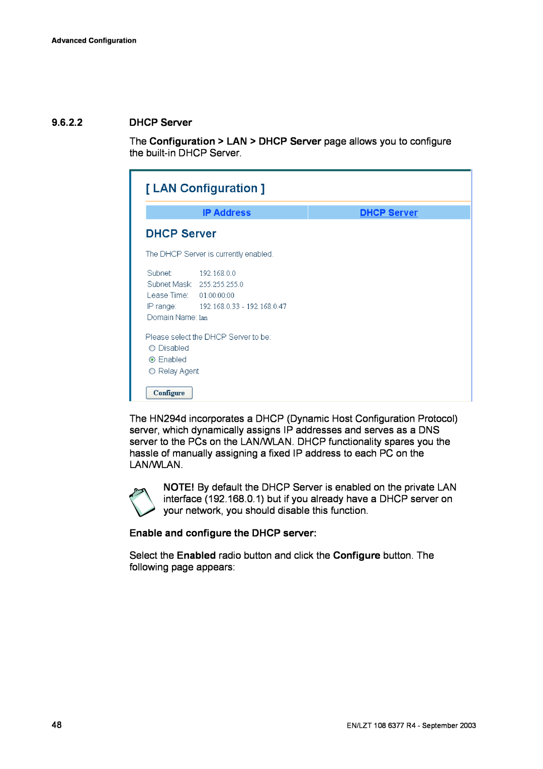 Garmin HN294DP/DI manual DHCP Server, Enable and configure the DHCP server 