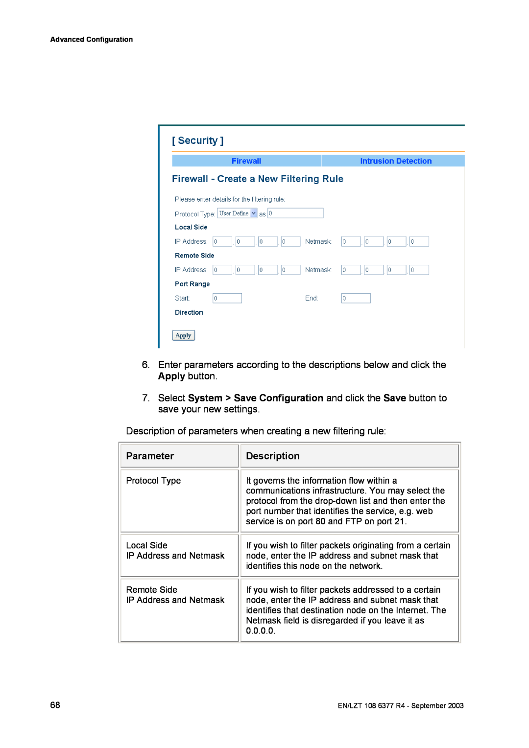 Garmin HN294DP/DI manual Description of parameters when creating a new filtering rule, Parameter 