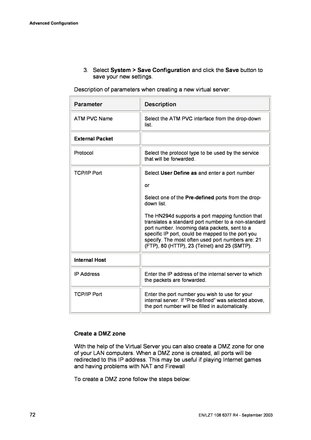 Garmin HN294DP/DI manual Parameter, Description, Create a DMZ zone, External Packet, Internal Host 