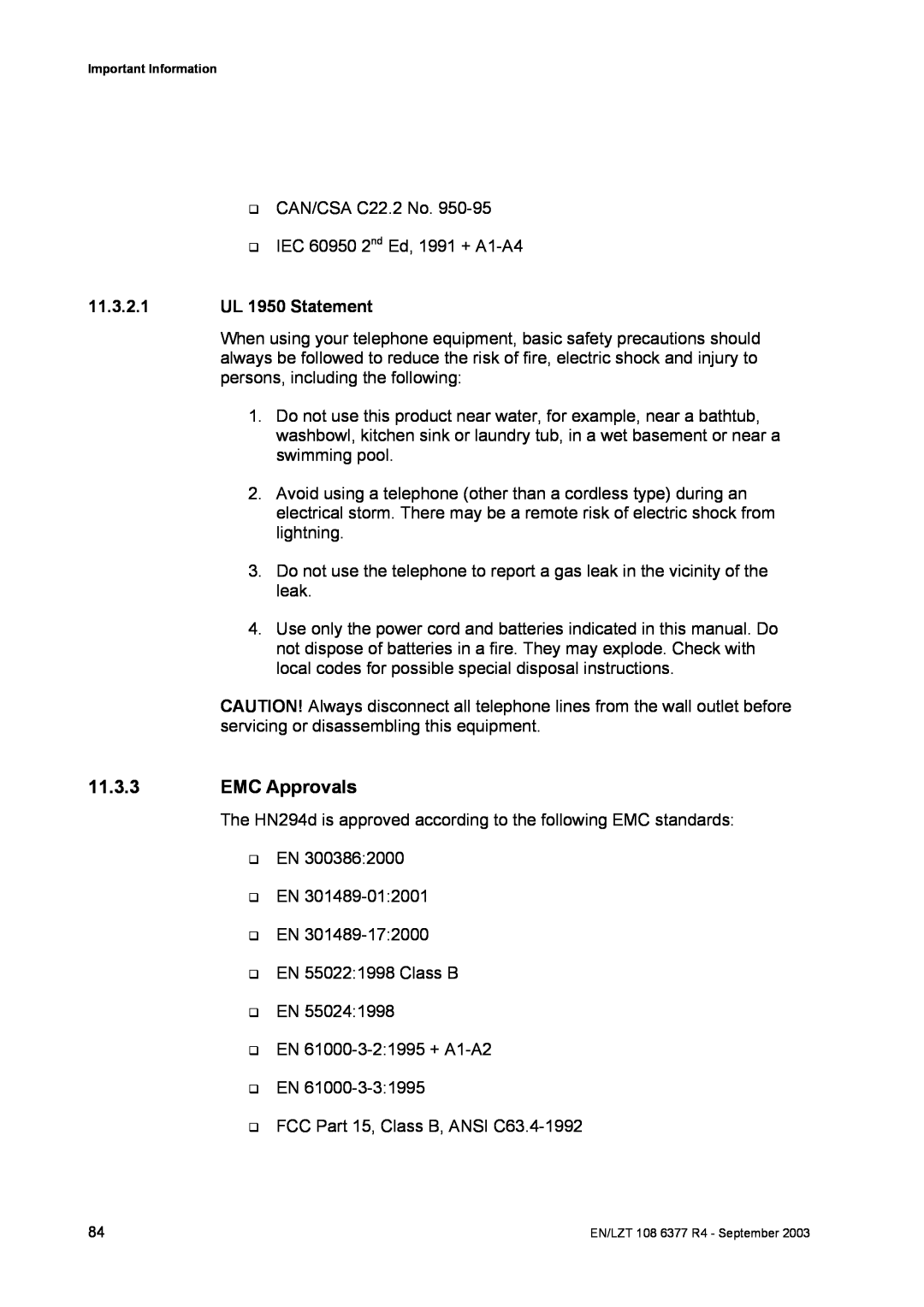 Garmin HN294DP/DI manual EMC Approvals, 11.3.2.1 UL 1950 Statement 