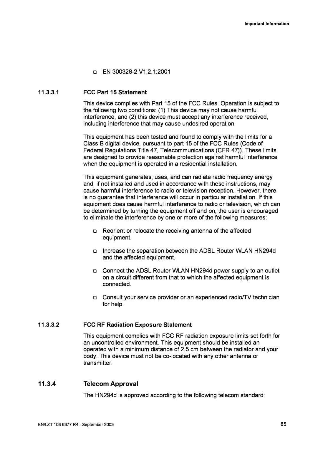 Garmin HN294DP/DI manual Telecom Approval, FCC Part 15 Statement, FCC RF Radiation Exposure Statement 