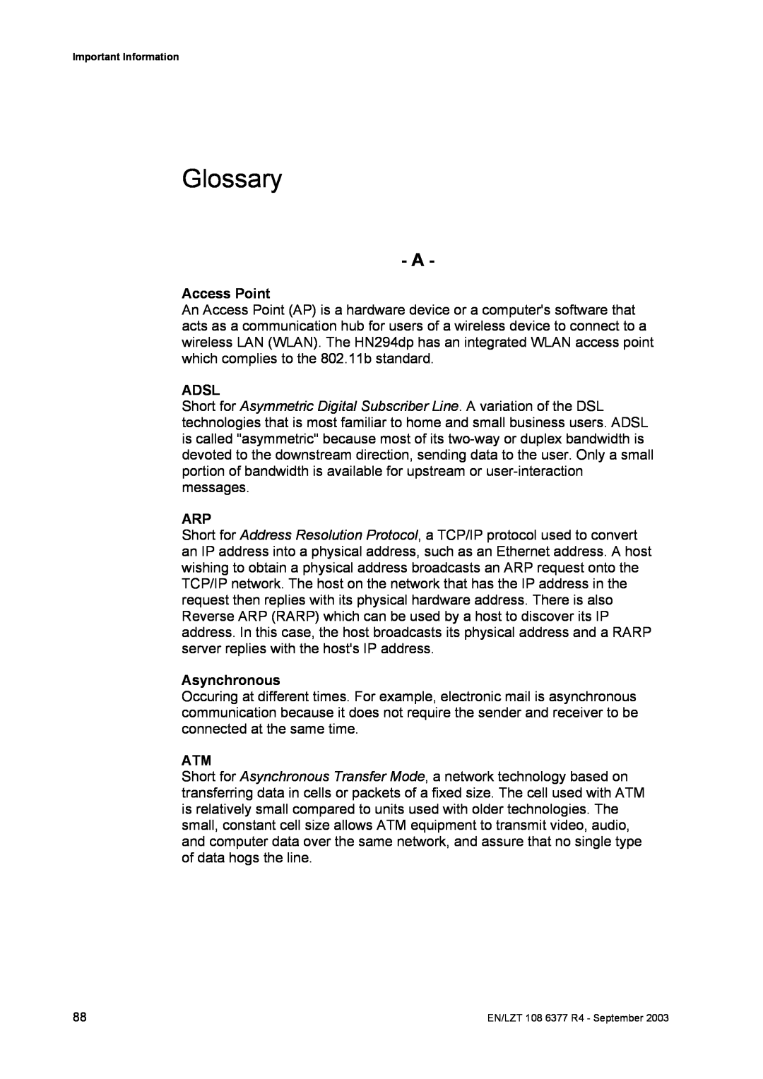 Garmin HN294DP/DI manual Glossary, Access Point, Adsl, Asynchronous 