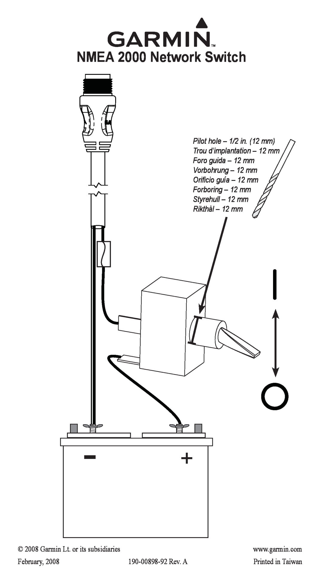 Garmin manual NMEA 2000 Network Switch, Pilot hole - 1/2 in. 12 mm, Trou d’implantation - 12 mm Foro guida - 12 mm 